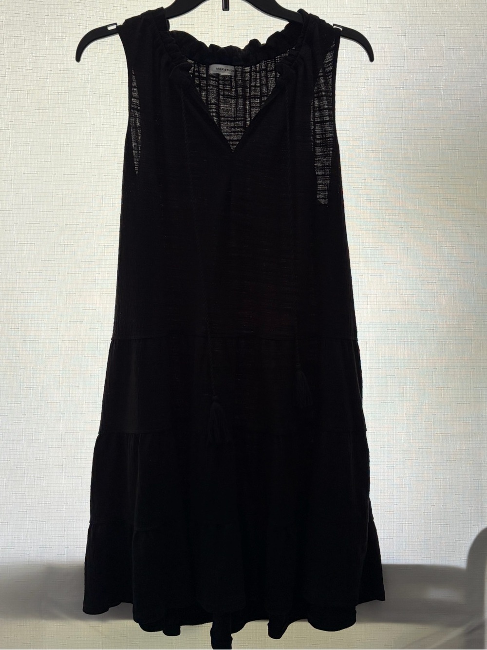 Max Studio Black Sleeveless Tiered Dress with Tassel Tie